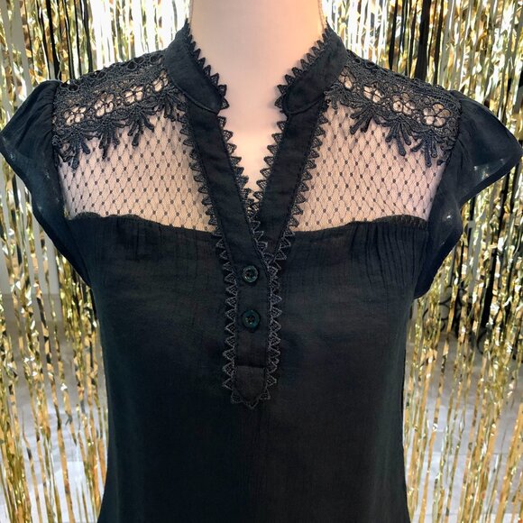 Blue Embroidered Blouse High Lace Collar V-neck Size Small Elegant Holidays - Picture 5 of 16